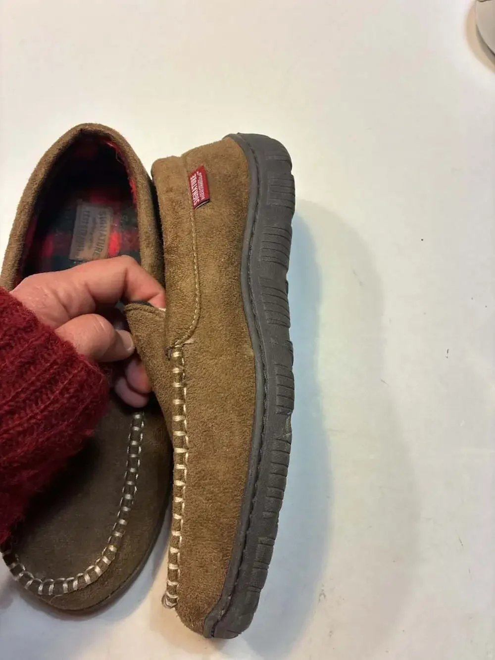 Signature by Levi Strauss & Co. Men's Brown Suede Moccasin Slippers with Plaid L
